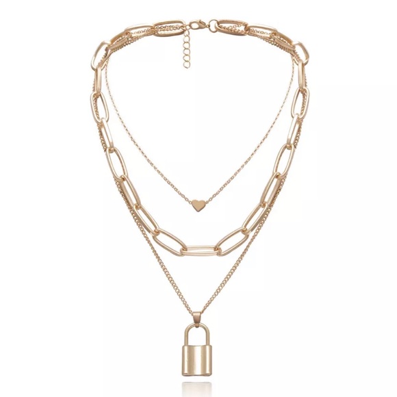 Gold Multi Layered Lock & Heart Chain Necklace - Picture 3 of 5